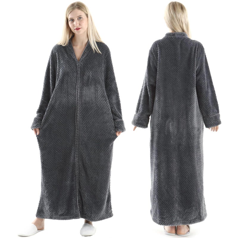 Oksun Womens Fleece Warm Robe: Cozy Flannel Long Zipper Bathrobe - Plush Winter Housecoat Nightgown (Gray, Medium) - Image 1